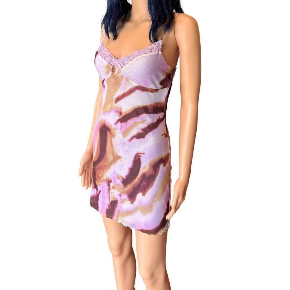 SOLD Pink Marble Slip Dress Medium Mesh Lace Trim Mini Y2K Coquette Summer - Picture 4 of 6